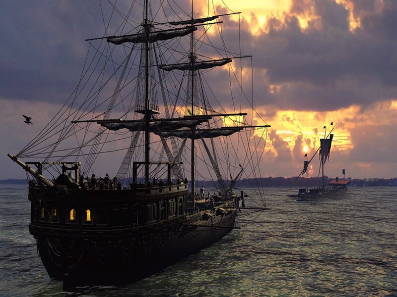Sailing Ship at Sunset — Dark Blue, Dramatic