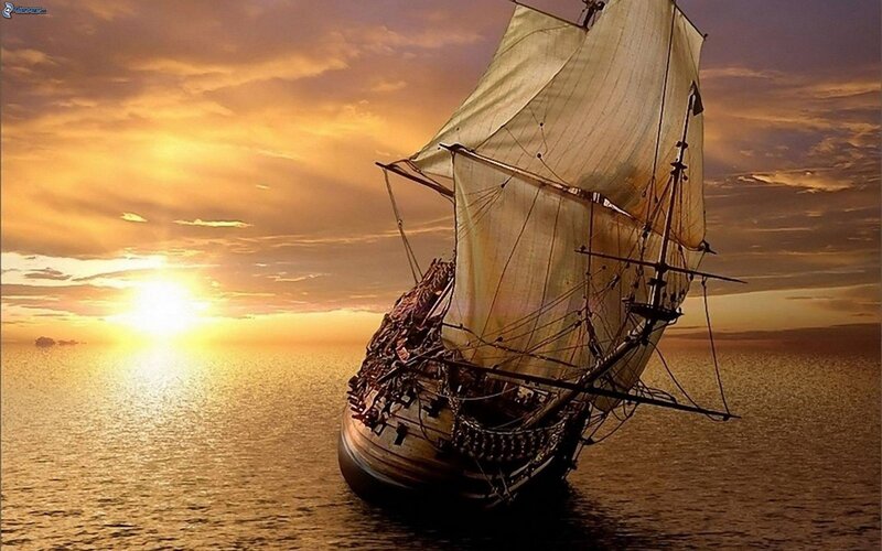 Sailing Ship at Sunset — Gold, Dramatic, Digital Art