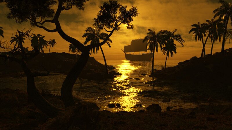 Sailing Ship at Sunset — Gold, Dramatic