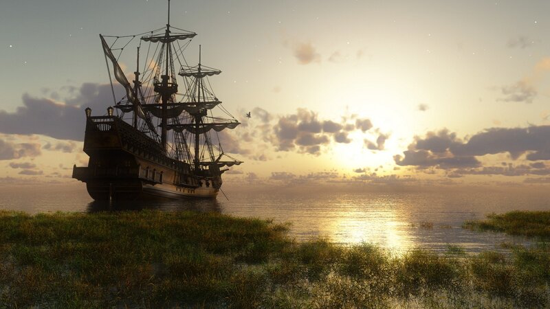 Sailing Ship at Sunset — Gold, Serene, 3d Render, Ocean