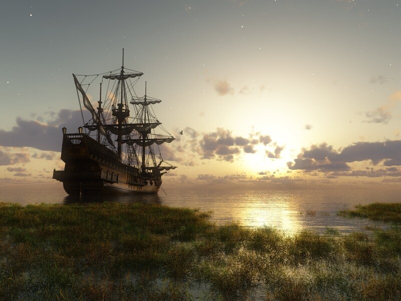 Sailing Ship at Sunset — Gold, Serene, 3d Render, Sea