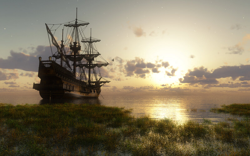 Sailing Ship at Sunset — Gold, Serene, 3d Render