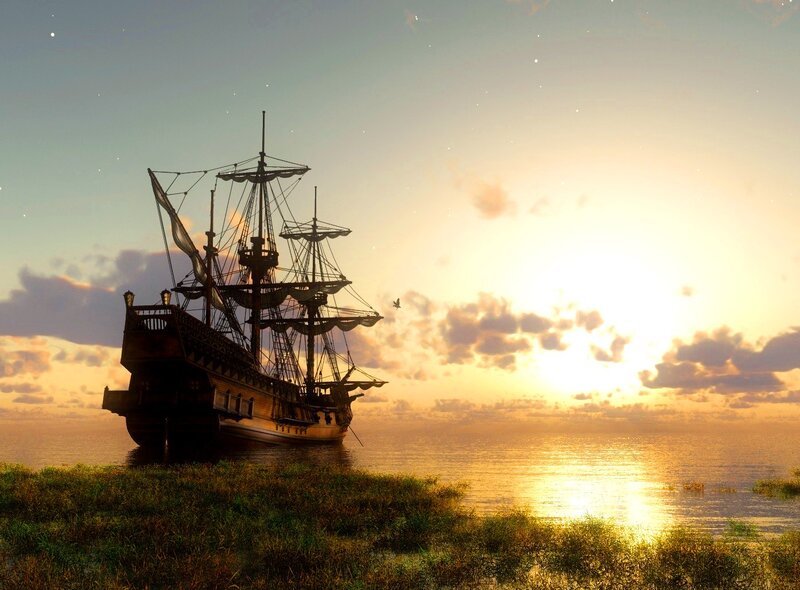 Sailing Ship at Sunset — Gold, Serene, Digital Art