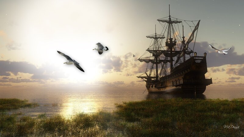 Sailing Ship at Sunset — Gold, Serene