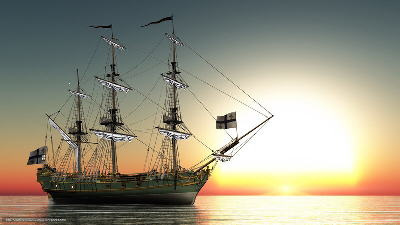 Sailing Ship at Sunset — Green, Serene