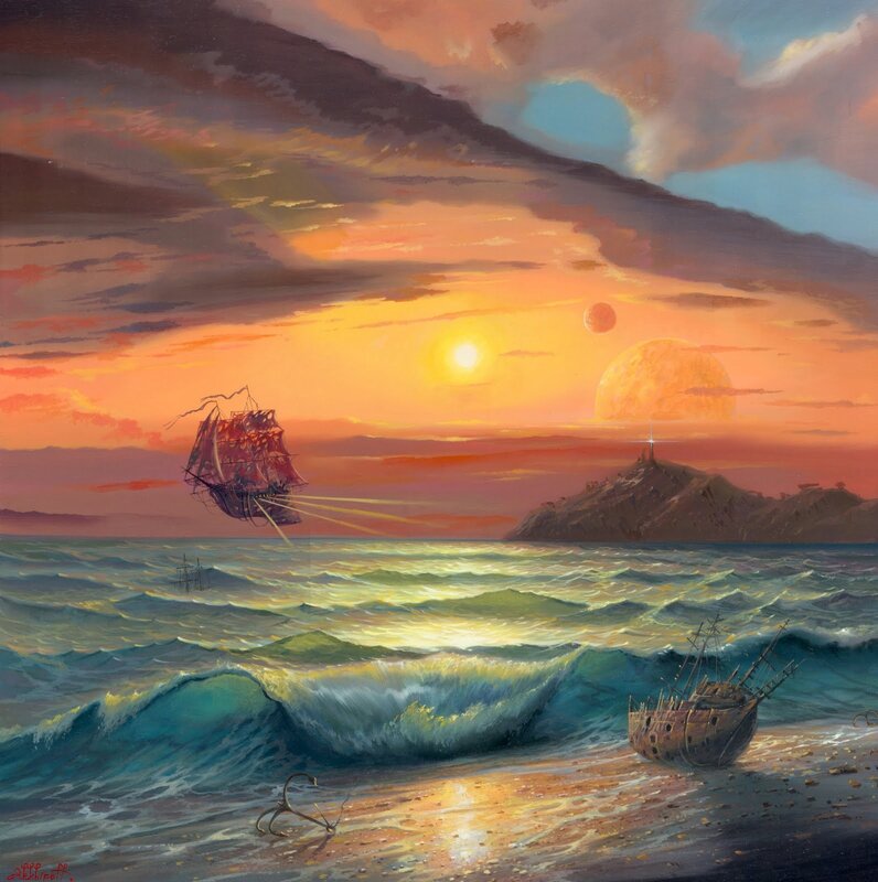 Sailing ship at sunset on alien world