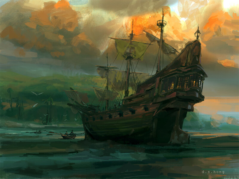 Sailing Ship at Sunset — Orange, Dramatic, Digital Art, Boat