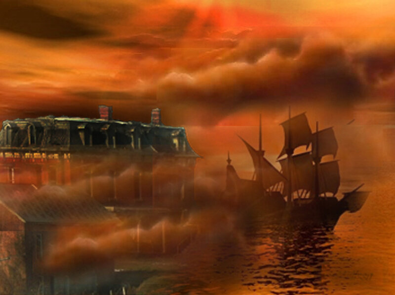 Sailing Ship at Sunset — Orange, Dramatic, Digital Art, Building