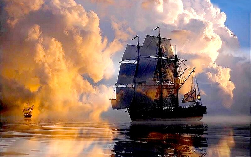 Sailing Ship at Sunset — Orange, Dramatic, Digital Art, Clouds