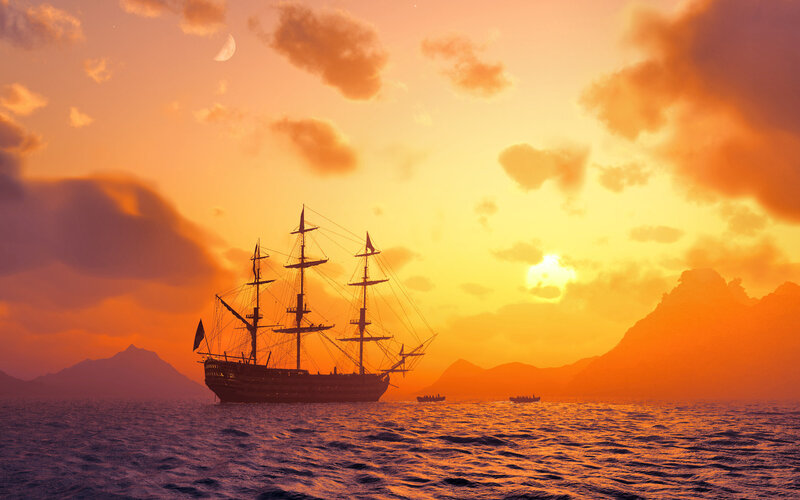 Sailing Ship at Sunset — Orange, Dramatic, Digital Art, Mountains, Moon