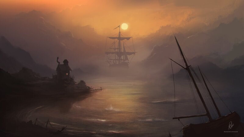 Sailing Ship at Sunset — Orange, Dramatic, Digital Art, Mountains, Sea