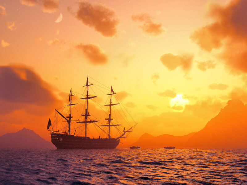 Sailing Ship at Sunset — Orange, Dramatic, Digital Art, Mountains