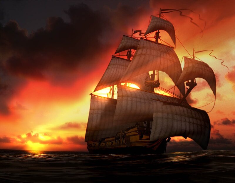 Sailing Ship at Sunset — Orange, Dramatic, Digital Art, Ocean, Sky, Clouds