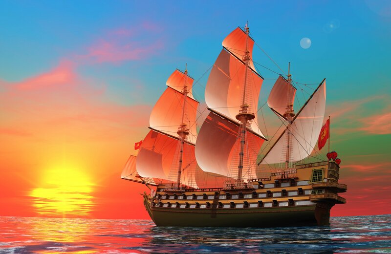 Sailing Ship at Sunset — Orange, Dramatic, Digital Art, Ocean, Sky, Moon