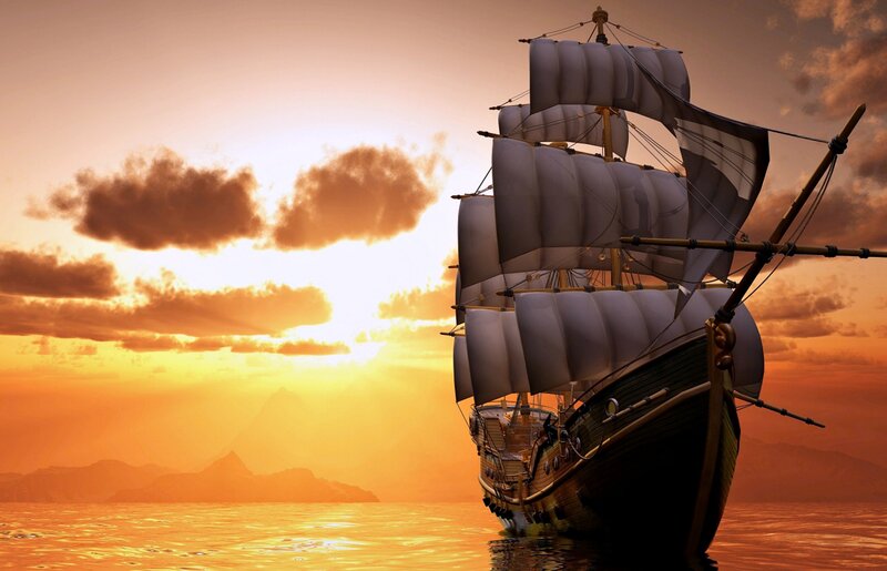 Sailing Ship at Sunset — Orange, Dramatic, Digital Art, Ocean, Sky, Mountains