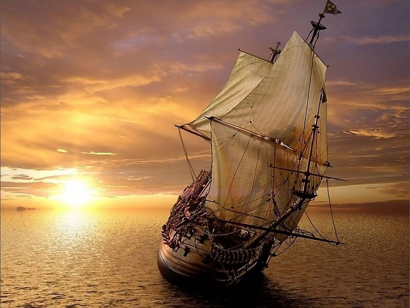 Sailing Ship at Sunset — Orange, Dramatic, Digital Art, Ocean, Sky, Sun