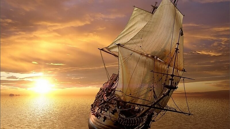 Sailing Ship at Sunset — Orange, Dramatic, Digital Art, Ocean, Sky