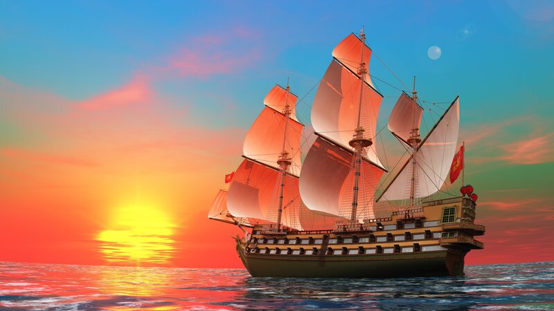 Sailing Ship at Sunset — Orange, Dramatic, Digital Art, Ocean, Sun, Moon