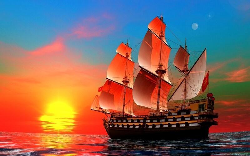 Sailing Ship at Sunset — Orange, Dramatic, Digital Art, Ocean, Sun