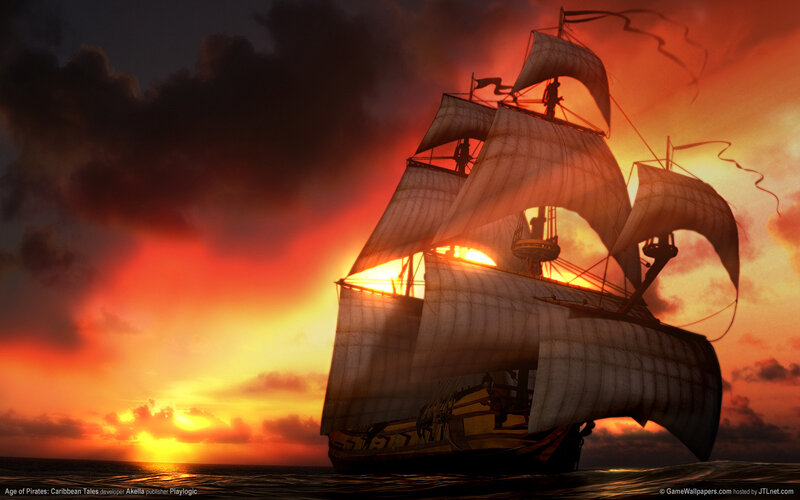 Sailing Ship at Sunset — Orange, Dramatic, Digital Art, Ocean