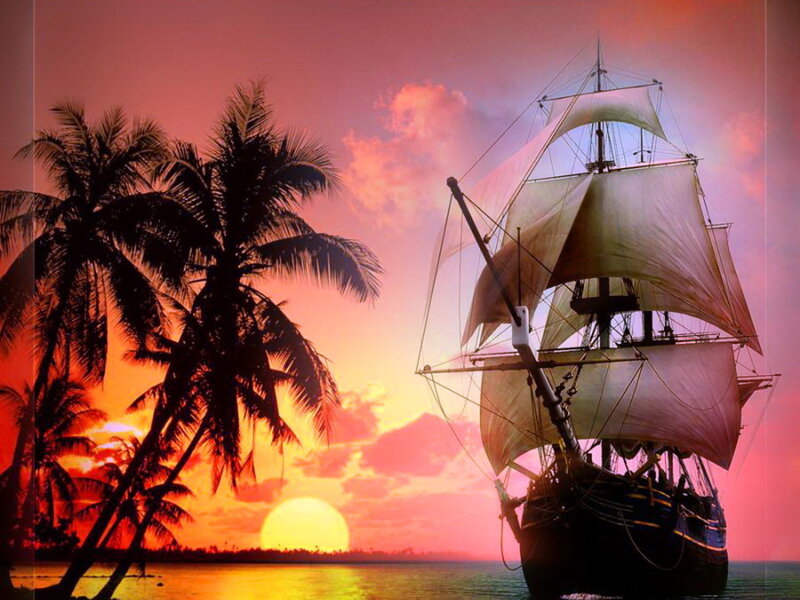 Sailing Ship at Sunset — Orange, Dramatic, Digital Art, Palm Trees