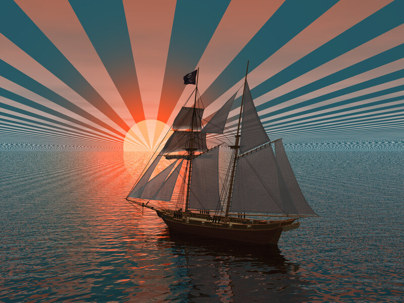 Sailing Ship at Sunset — Orange, Dramatic, Digital Art, Sailboat