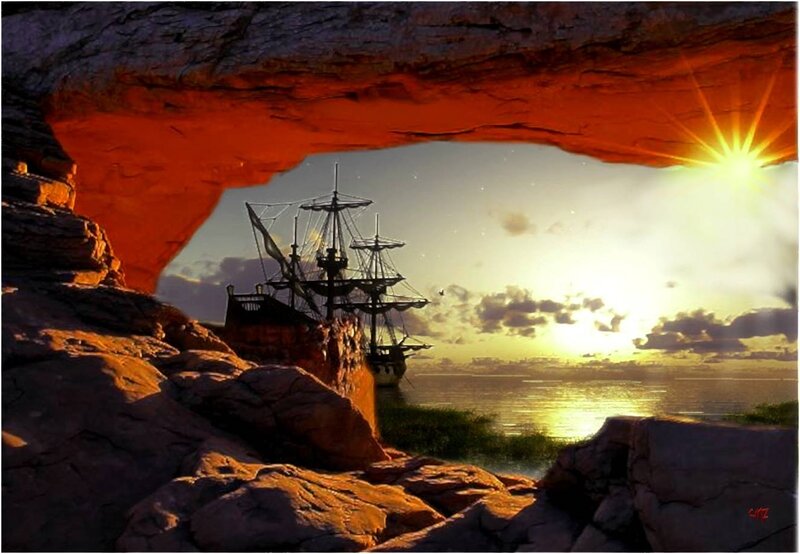 Sailing Ship at Sunset — Orange, Dramatic, Digital Art, Sea
