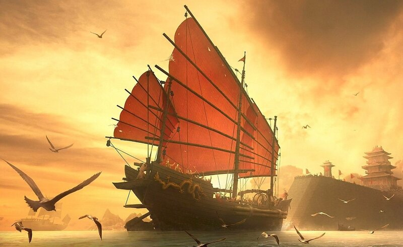 Sailing Ship at Sunset — Orange, Dramatic, Digital Art, Seagulls
