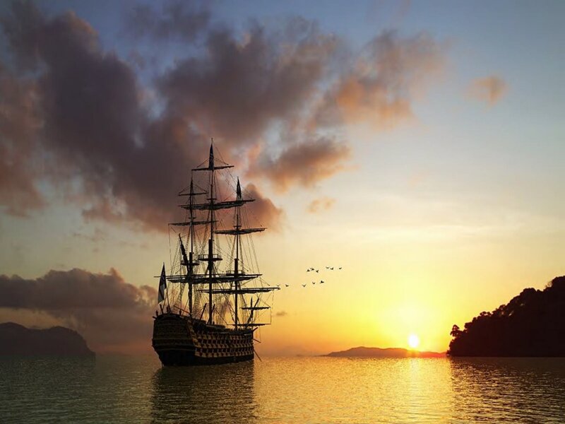 Sailing Ship at Sunset — Orange, Dramatic, Digital Art, Sun, Clouds