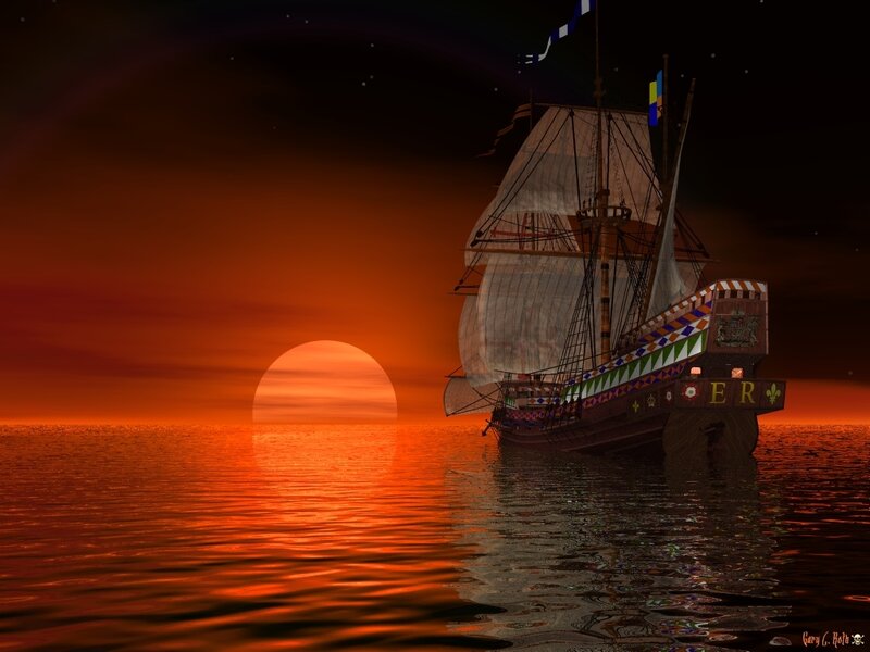 Sailing Ship at Sunset — Orange, Dramatic, Digital Art, Sun, Ocean, Sails