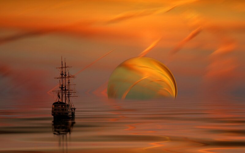 Sailing Ship at Sunset — Orange, Dramatic, Digital Art, Sun, Ocean