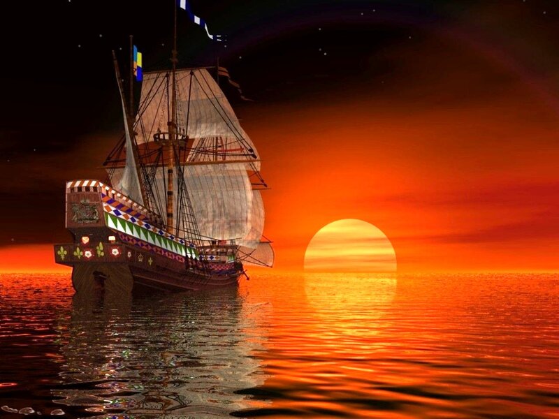 Sailing Ship at Sunset — Orange, Dramatic, Digital Art, Sun
