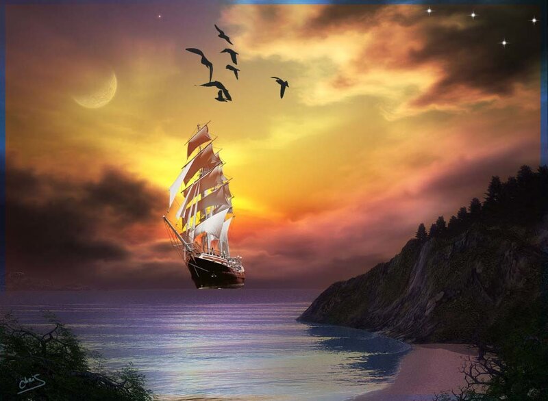 Sailing Ship at Sunset — Orange, Dramatic, Digital Art