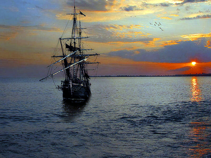 Sailing Ship at Sunset — Orange, Dramatic, Painting, Birds