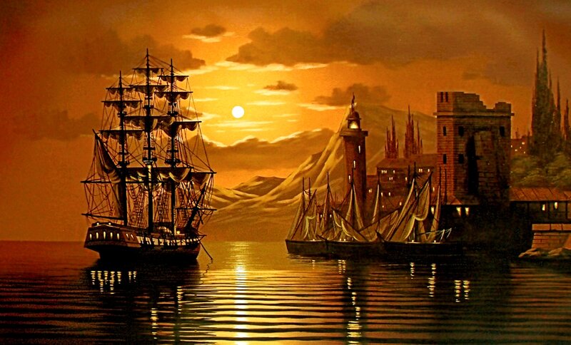 Sailing Ship at Sunset — Orange, Dramatic, Painting, Castle