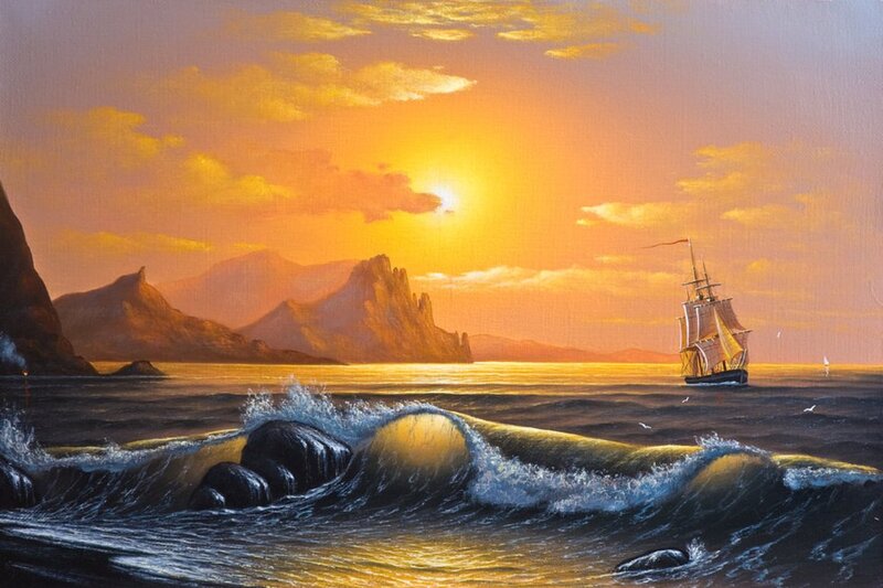 Sailing Ship at Sunset — Orange, Dramatic, Painting, Ocean, Mountains