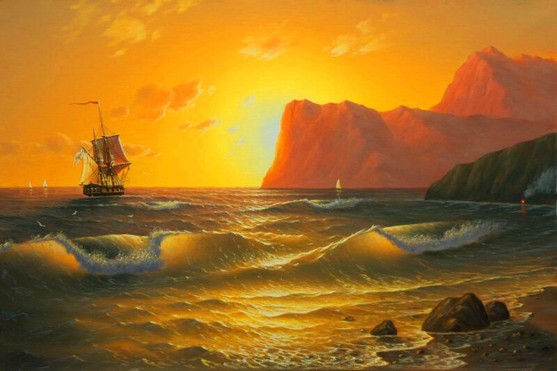 Sailing Ship at Sunset — Orange, Dramatic, Painting, Ocean, Mountains, Waves