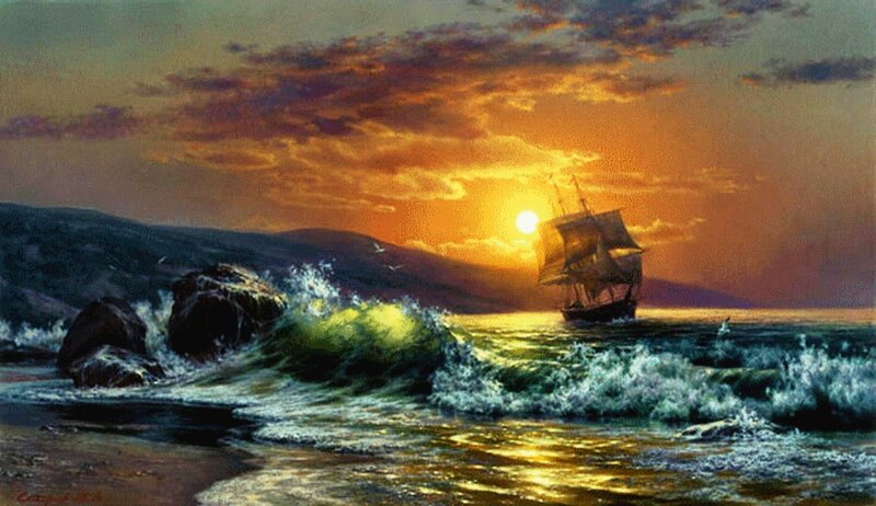 Sailing Ship at Sunset — Orange, Dramatic, Painting, Ocean, Rocks