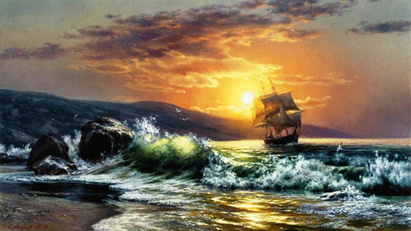Sailing Ship at Sunset — Orange, Dramatic, Painting, Ocean