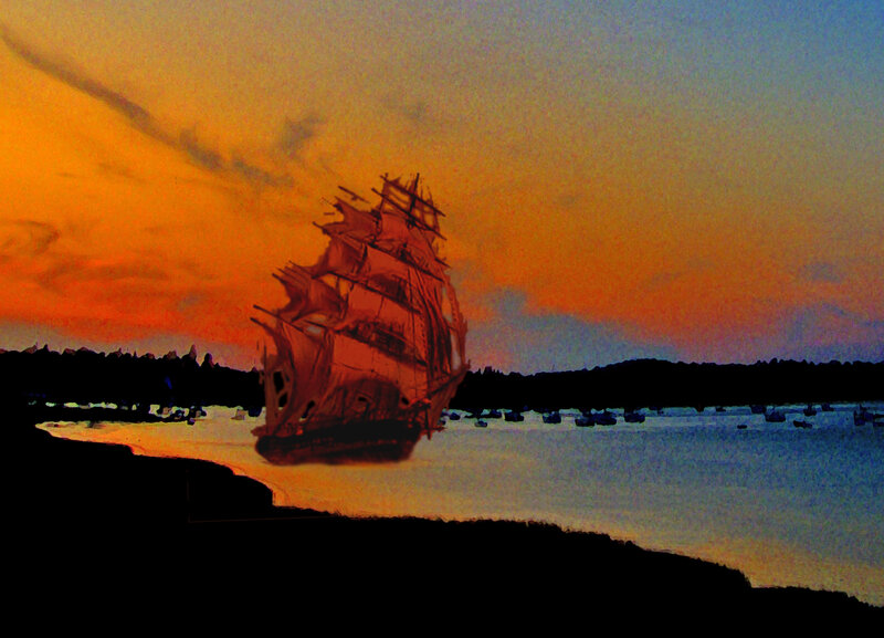 Sailing Ship at Sunset — Orange, Dramatic, Painting
