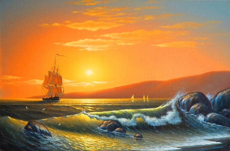 Sailing Ship at Sunset — Orange, Dramatic, Painting, Waves, Rocks