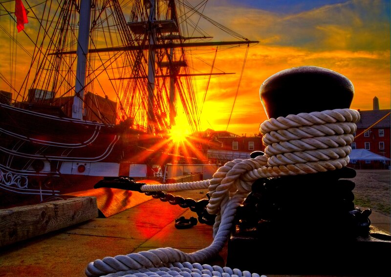 Sailing Ship at Sunset — Orange, Dramatic, Photograph, Rope