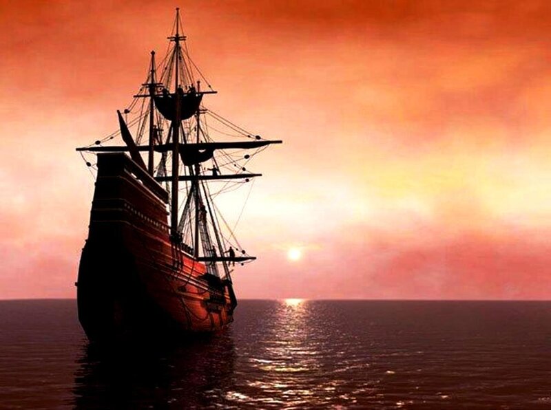 Sailing Ship at Sunset — Orange, Dramatic