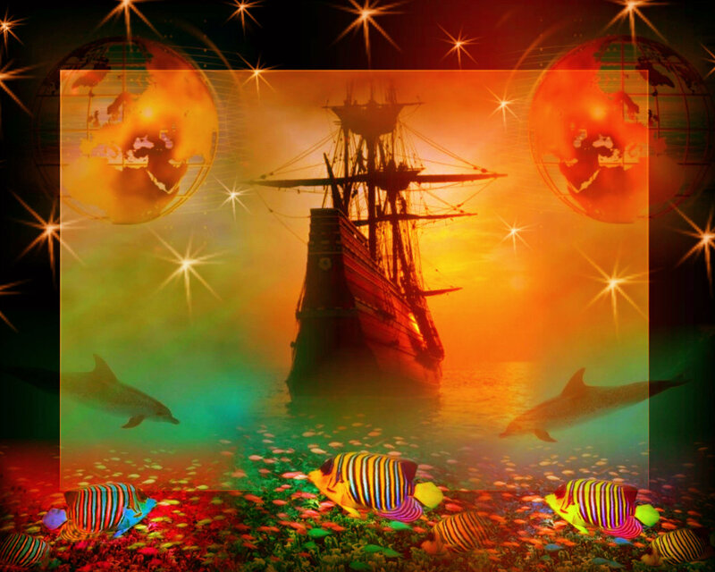 Sailing Ship at Sunset — Orange, Dreamy