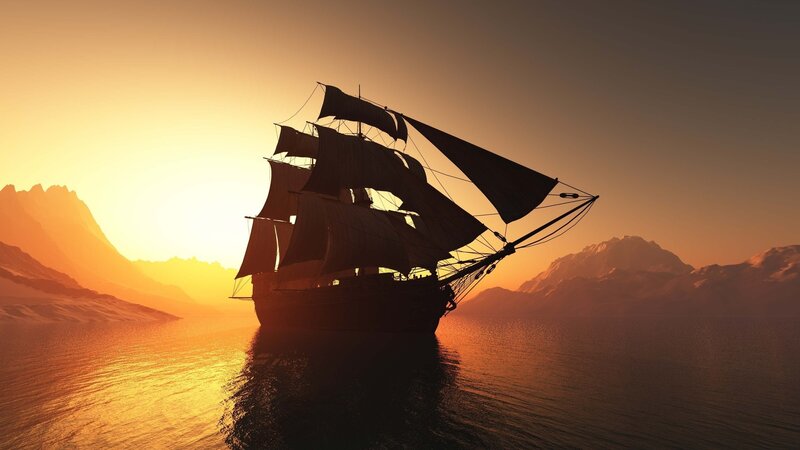 Sailing Ship at Sunset — Orange, Serene, 3d Render, Mountains, Sea, Sky