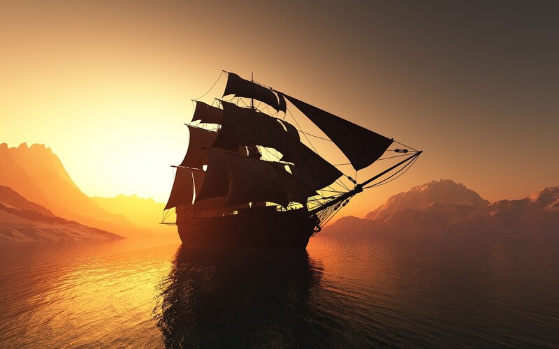Sailing Ship at Sunset — Orange, Serene, 3d Render, Mountains, Sea