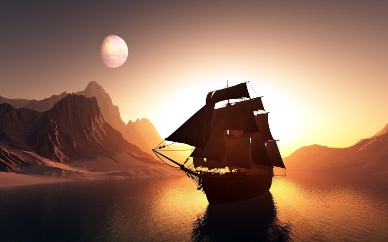 Sailing Ship at Sunset — Orange, Serene, 3d Render, Mountains