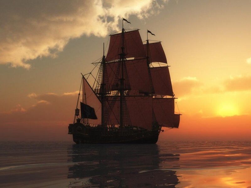 Sailing Ship at Sunset — Orange, Serene, 3d Render, Ocean, Sky, Clouds