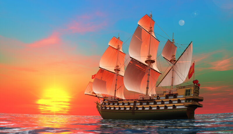 Sailing Ship at Sunset — Orange, Serene, 3d Render, Ocean