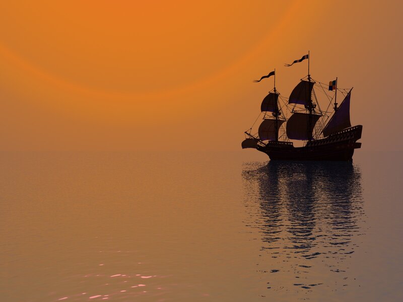 Sailing Ship at Sunset — Orange, Serene, Digital Art, Ocean, Sky, Flags
